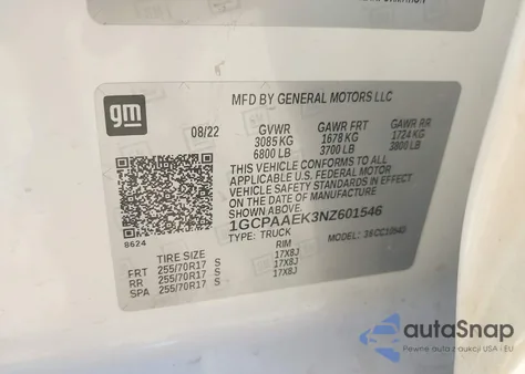 2022 Chevrolet Silverado 1500 2Wd Short Bed Wt из США, поврежденный, VIN 1GCPAAEK3NZ601546